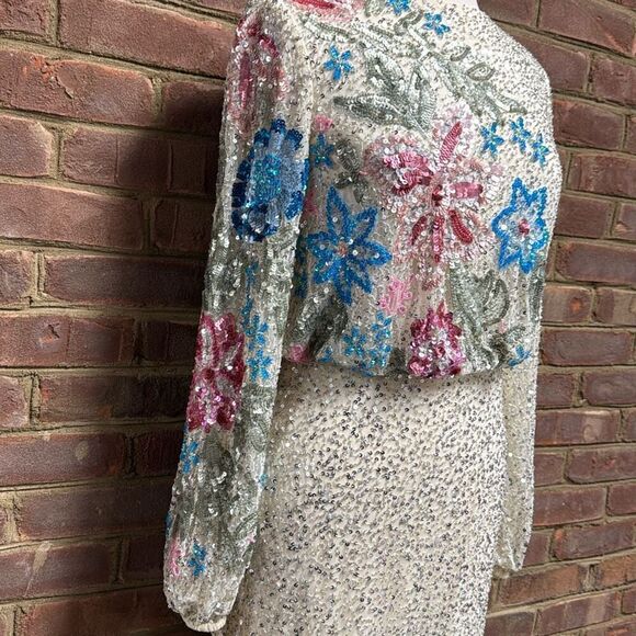 MAC DUGGAL Beige Embellished Floral High Neck Gown Size 8 - Picture 4 of 12